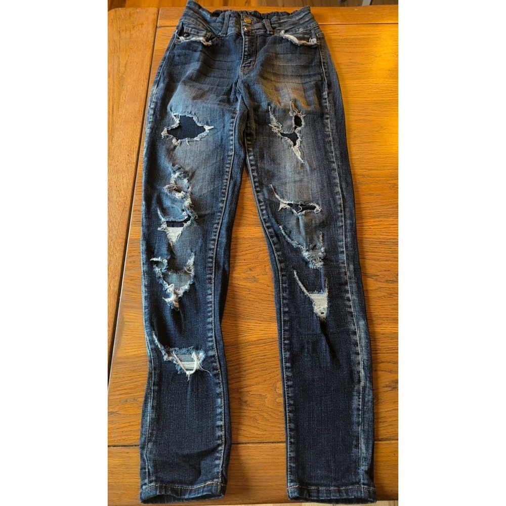 KanCan Women's Blue High Rise Destructed frayed Ankle Skinny Jeans Sz 25/31 EUC